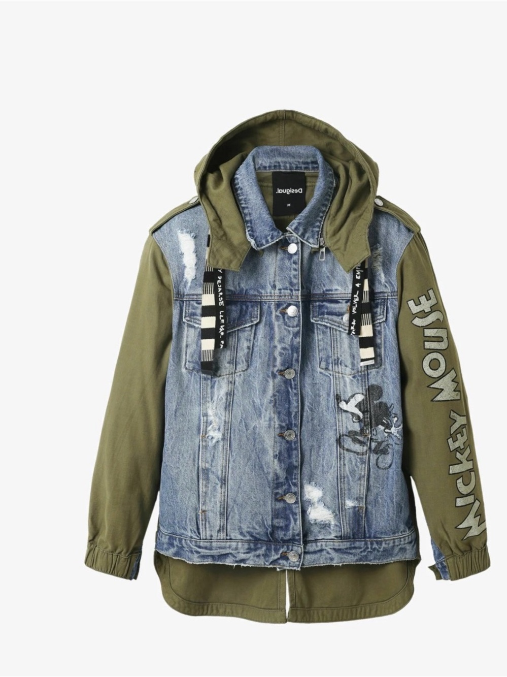 Desigual Mickey Mouse & Friends Blue Denim & Olive Green Hooded Jean Jacket